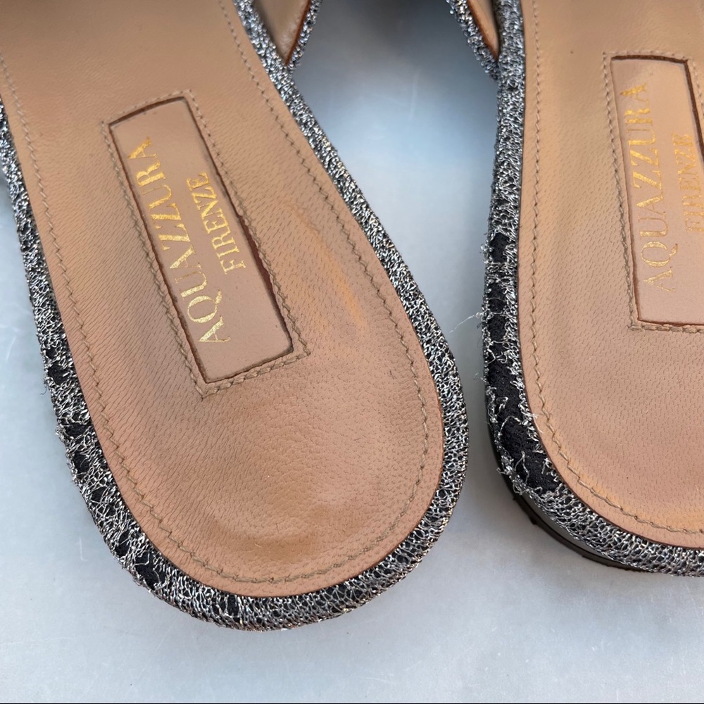 Aquazzura Powder Puff Pompom metallic silver lurex flat mules slippers size 36 - Picture 7 of 16